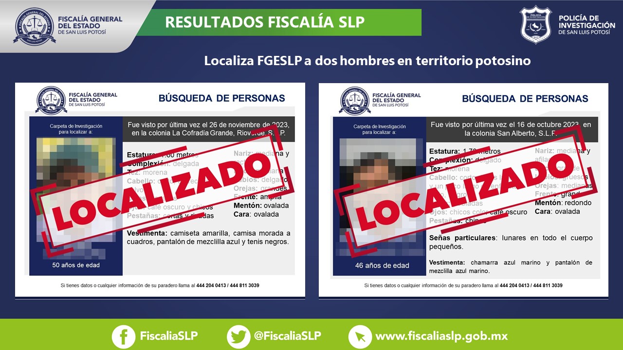 DGMI logró ubicar a dos hombres, quienes contaban con reporte de no localización en el territorio potosino.