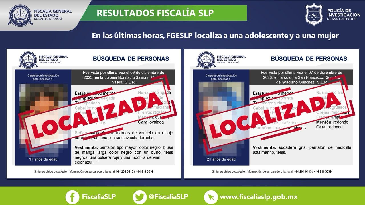 FGESLP en coordinación con la Unidad para la Atención de personas Desaparecidas, logró la localización de dos mujeres en la Entidad potosina.