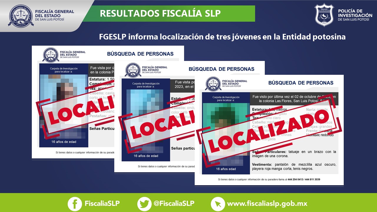 Derivado de labores implementadas por la Policía de Investigación (PDI) logró ubicar a tres personas en San Luis Potosí.