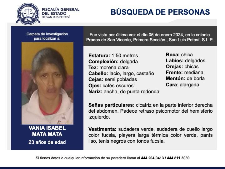 FGESLP generó una ficha de búsqueda para localizar a Vania Isabel Mata Mata, una mujer de 23 años de edad buscada en la ciudad Capital.