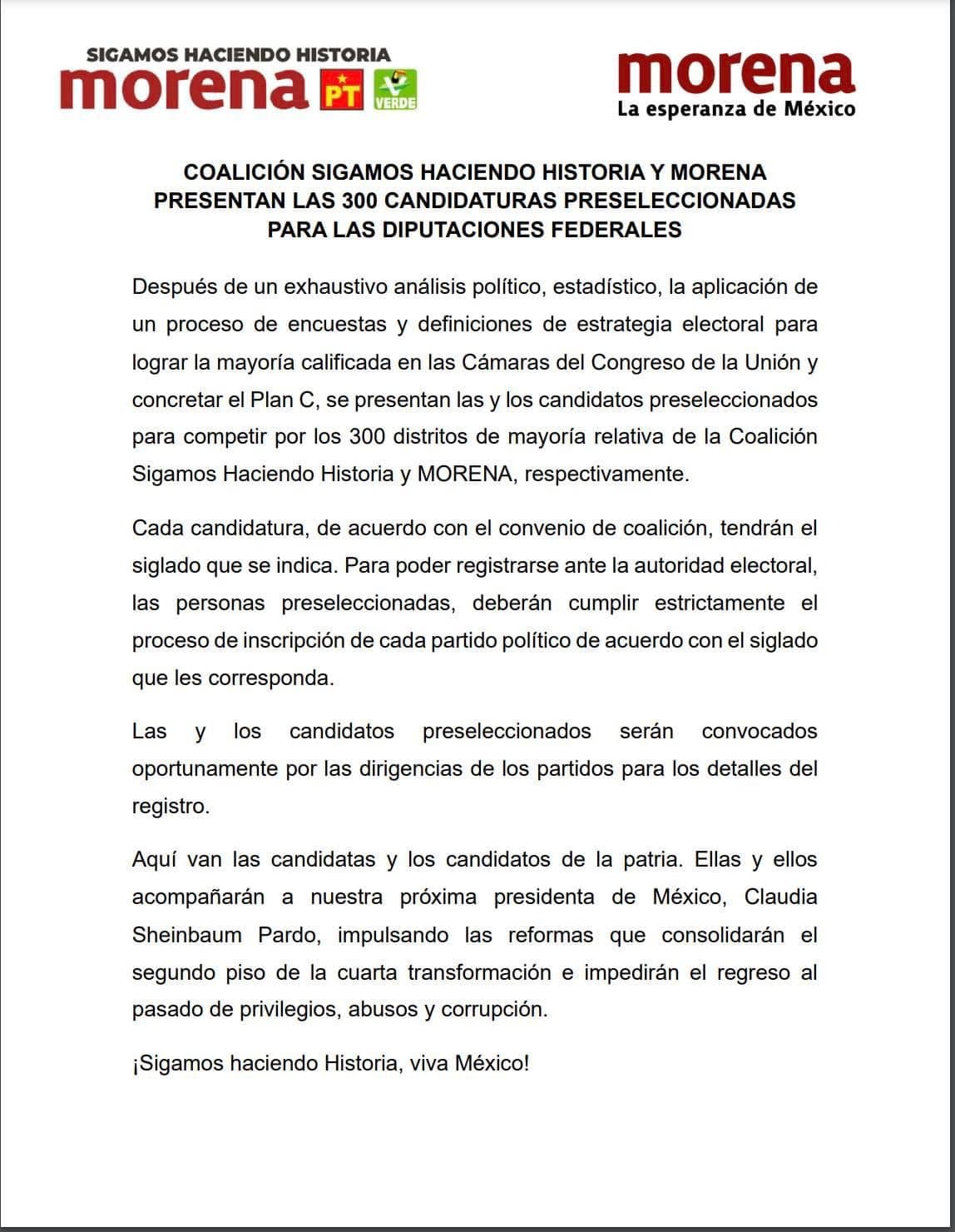 Morena publicó una lista con las 300 candidaturas preseleccionadas para contender por las diputaciones federales a nivel nacional