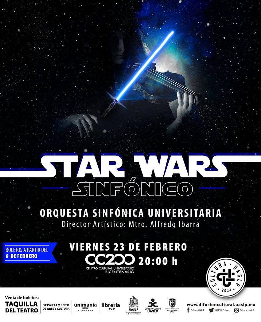 El concierto Star Wars Sinfónico se realizará el viernes 23 de febrero a las 20:00 hrs. en el Centro Cultural Universitario Bicentenario.