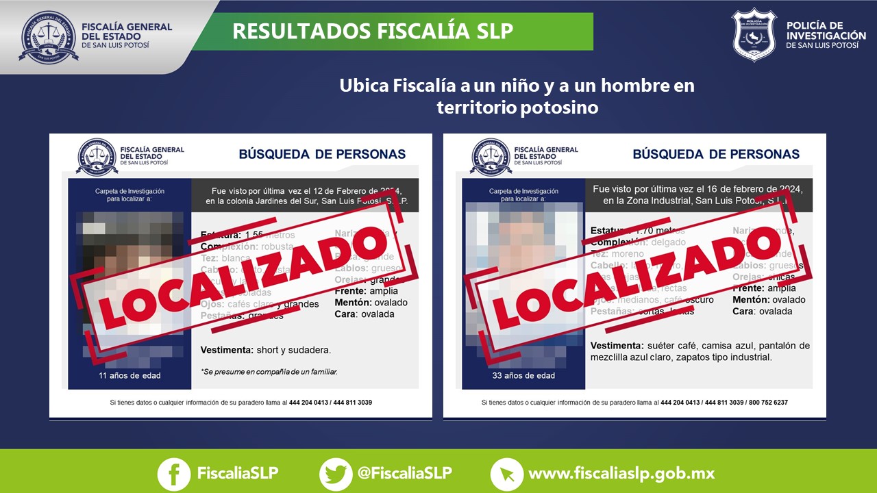 Ubica fiscalía potosina a niño de 11 años y a hombre de 33