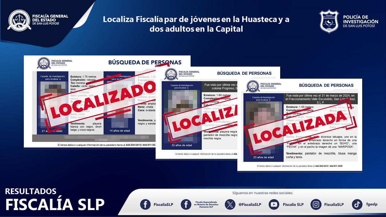 Fiscalía potosina informa localización de dos jóvenes buscados en la Huasteca