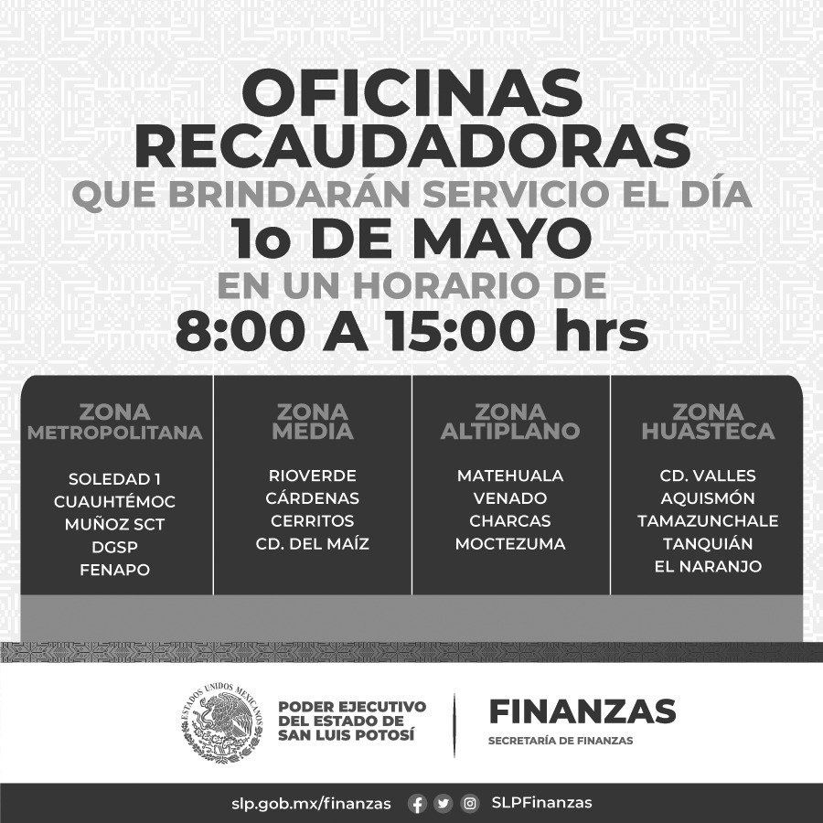 Oficinas recaudadoras brindarán servicio el primero de mayo