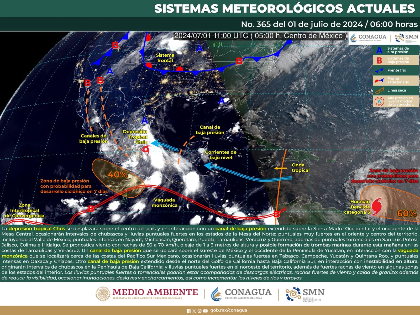 Lluvias torrenciales y posibles trombas marinas en varias regiones del país