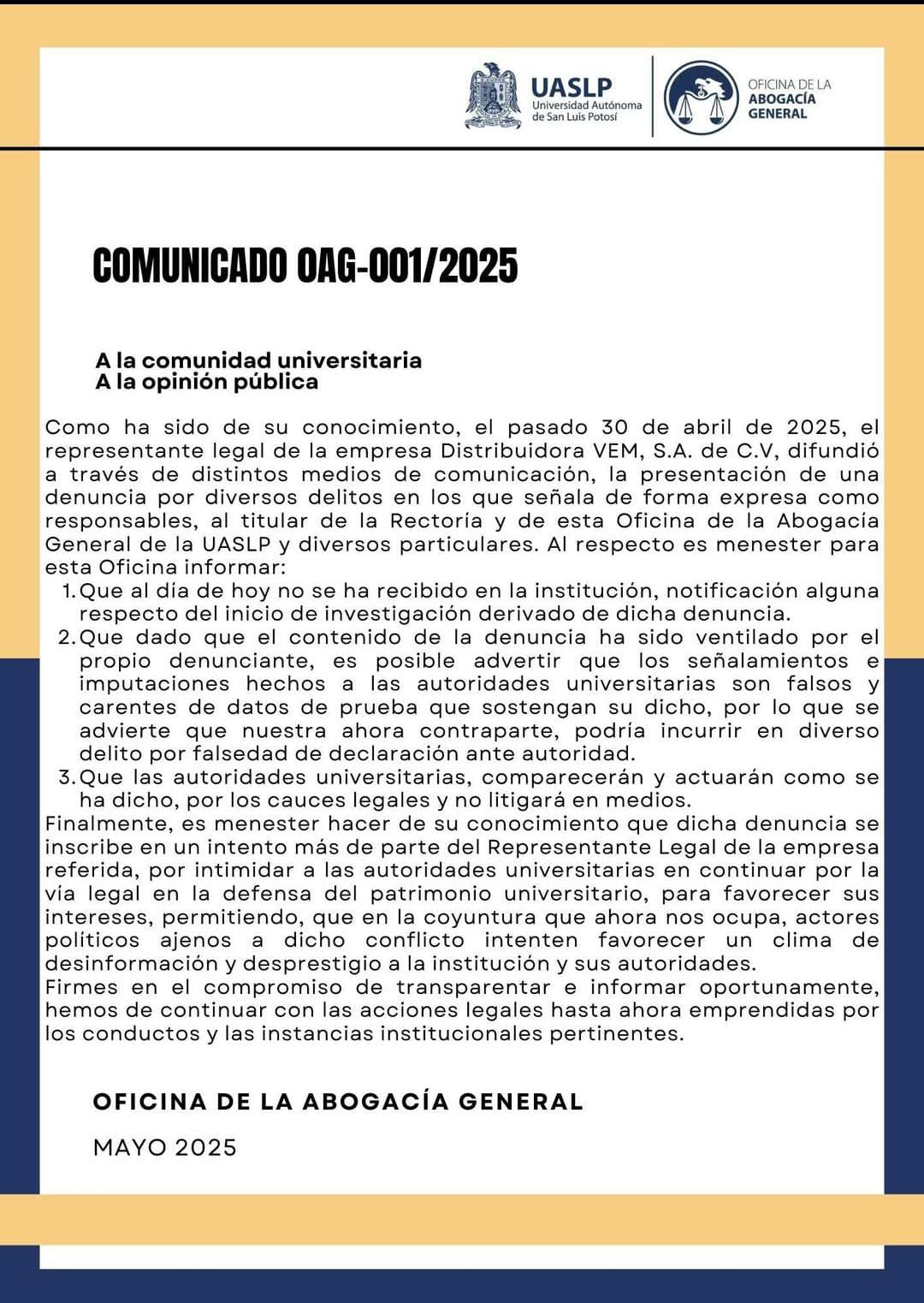 Denuncia por intimidación: UASLP acusa a empresa VEM SA de CV en medio de litigio