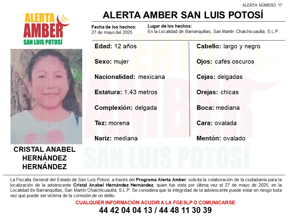 Fiscalía activa alerta amber para localizar a una persona de 12 años de edad en la Huasteca Potosina