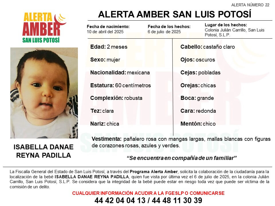 Fiscalía SLP emitió una alerta amber para localizar a una bebé en la capital potosina