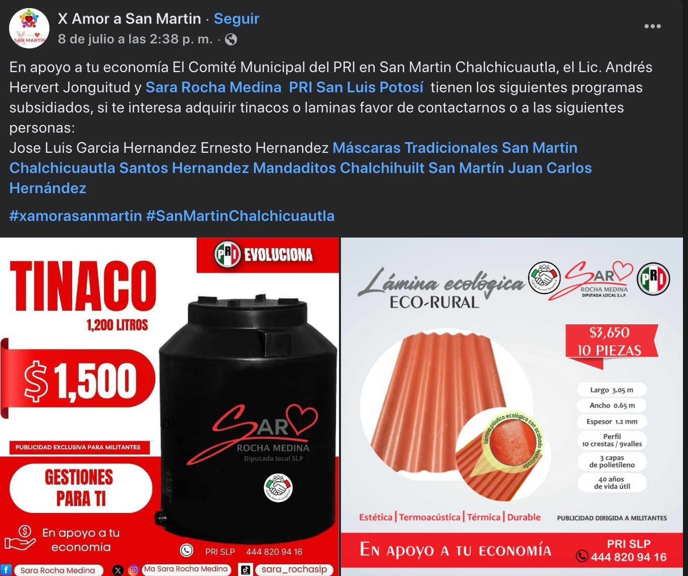 Promueven venta de tinacos y minisplits con logos del PRI y nombre de diputada: acusan posible promoción personalizada otra vez en SLP