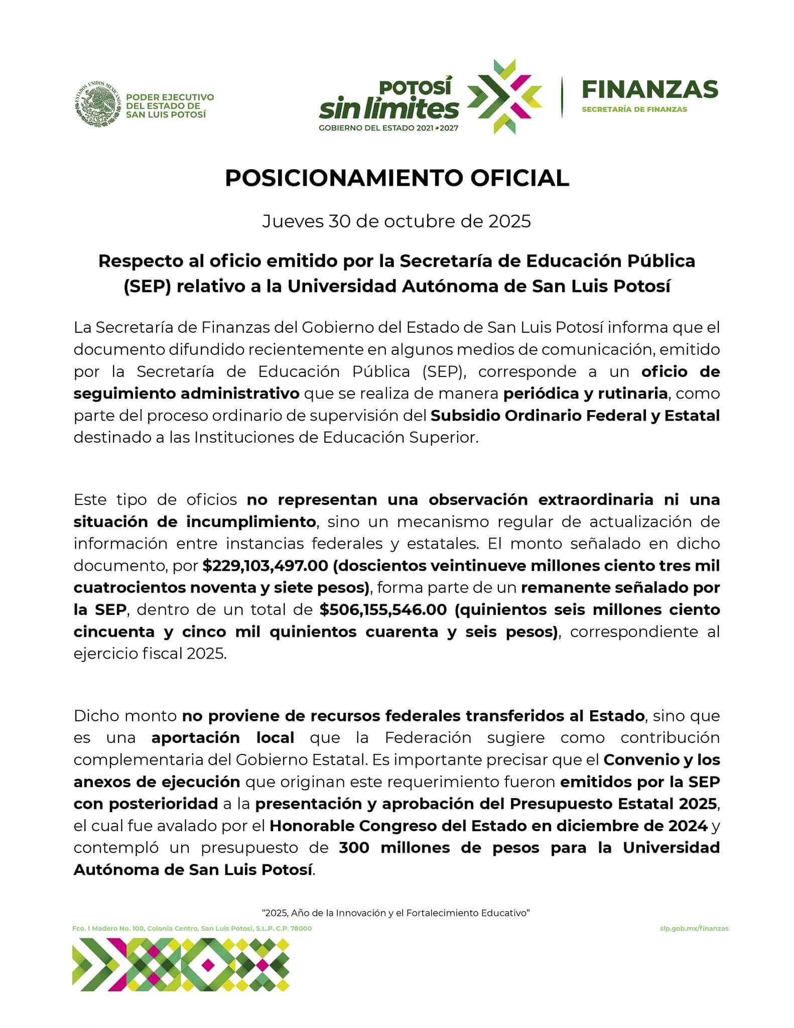 Gobierno promete pagar a la UASLP los 229 millones de pesos antes del 14 de noviembre