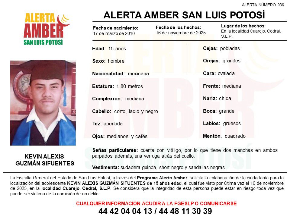 FGESLP inició una alerta amber para localizar a un adolescente de 15 años de edad
