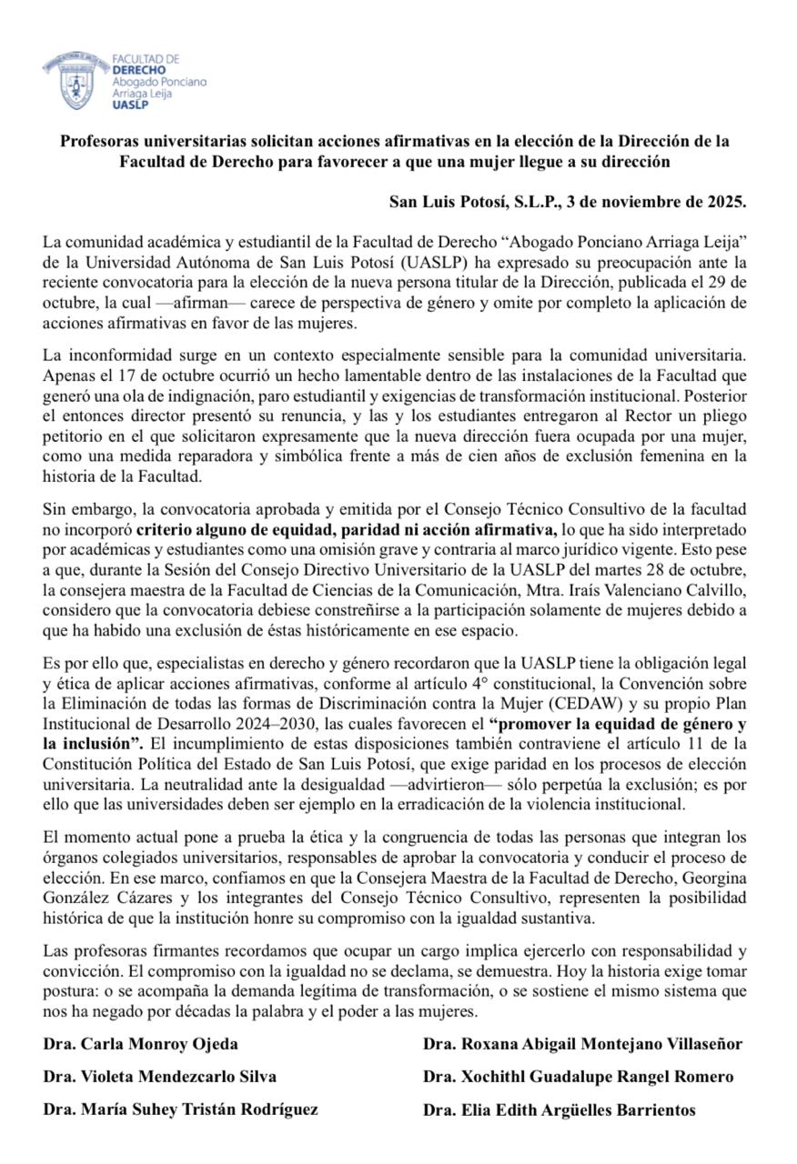 Profesores de la UASLP Denuncian Exclusión de Mujeres en Convocatoria para Director de Facultad de Derecho