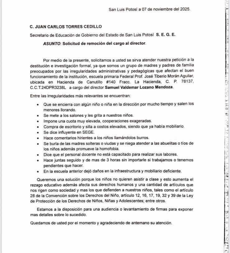 Padres exigen destitución de director por maltrato en primaria José Liberio Morán