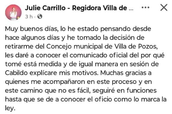 Renuncia Julie Carrillo al Concejo Municipal de Villa de Pozos