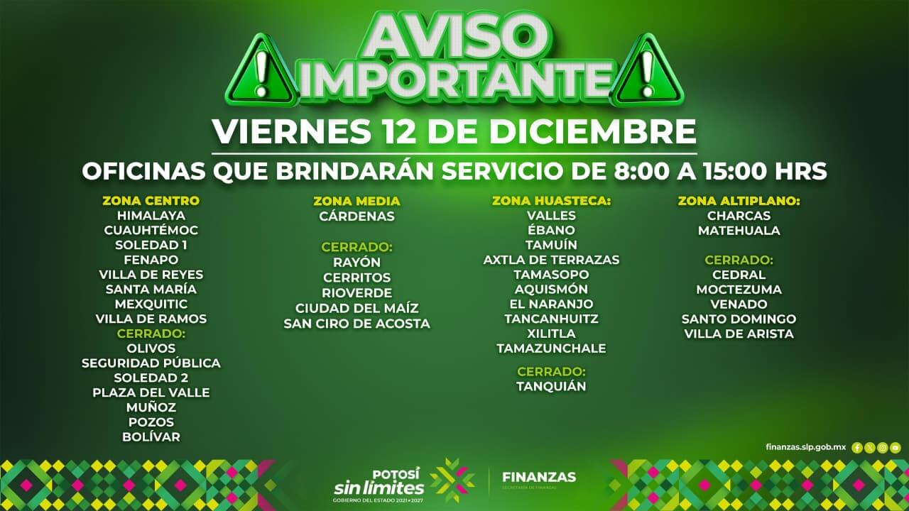 21 oficinas recaudadoras de finanzas brindarán servicio el 12 de diciembre
