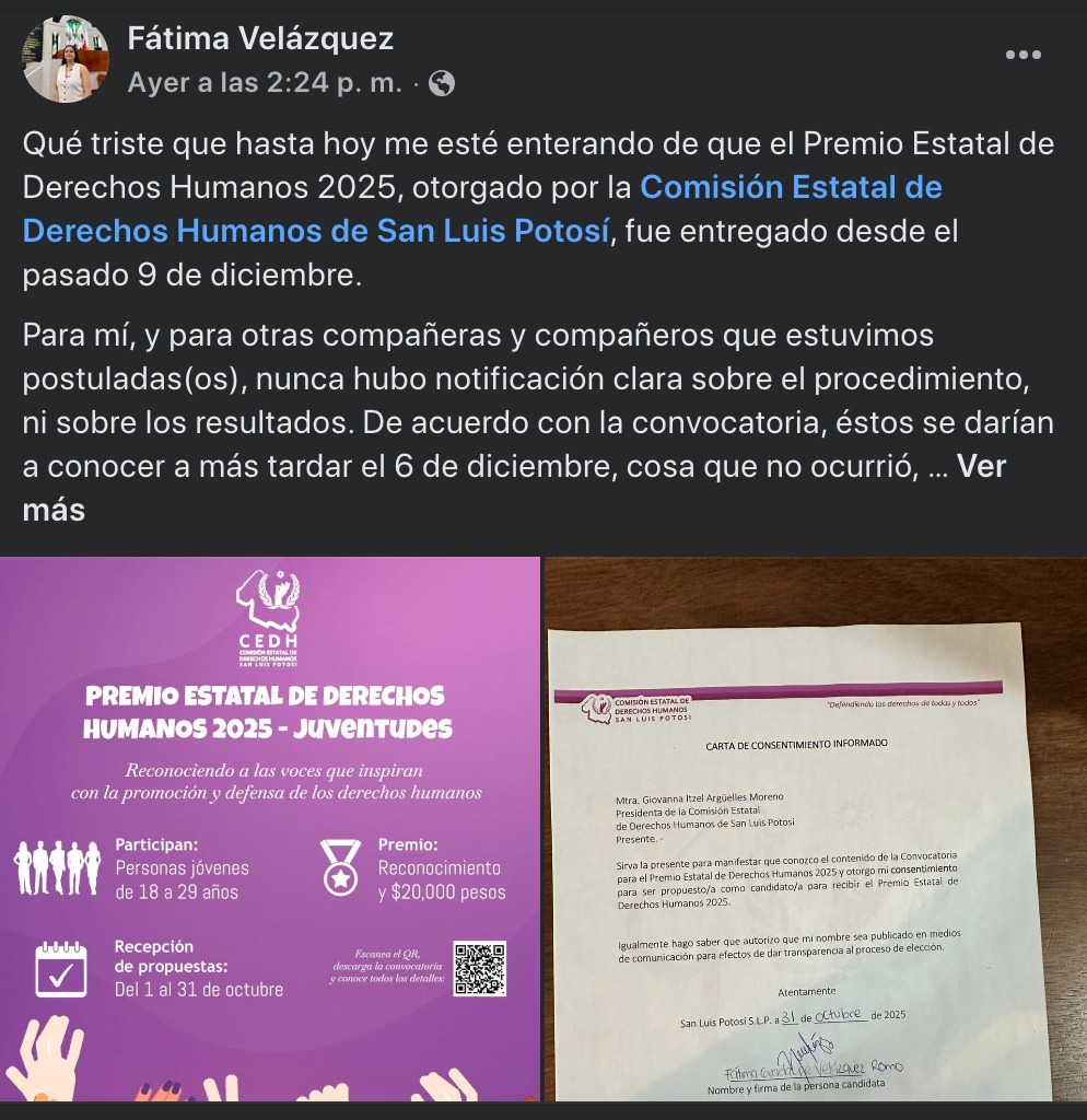 Activista exhibe en redes entrega “en lo oscurito” del Premio Estatal de Derechos Humanos SLP