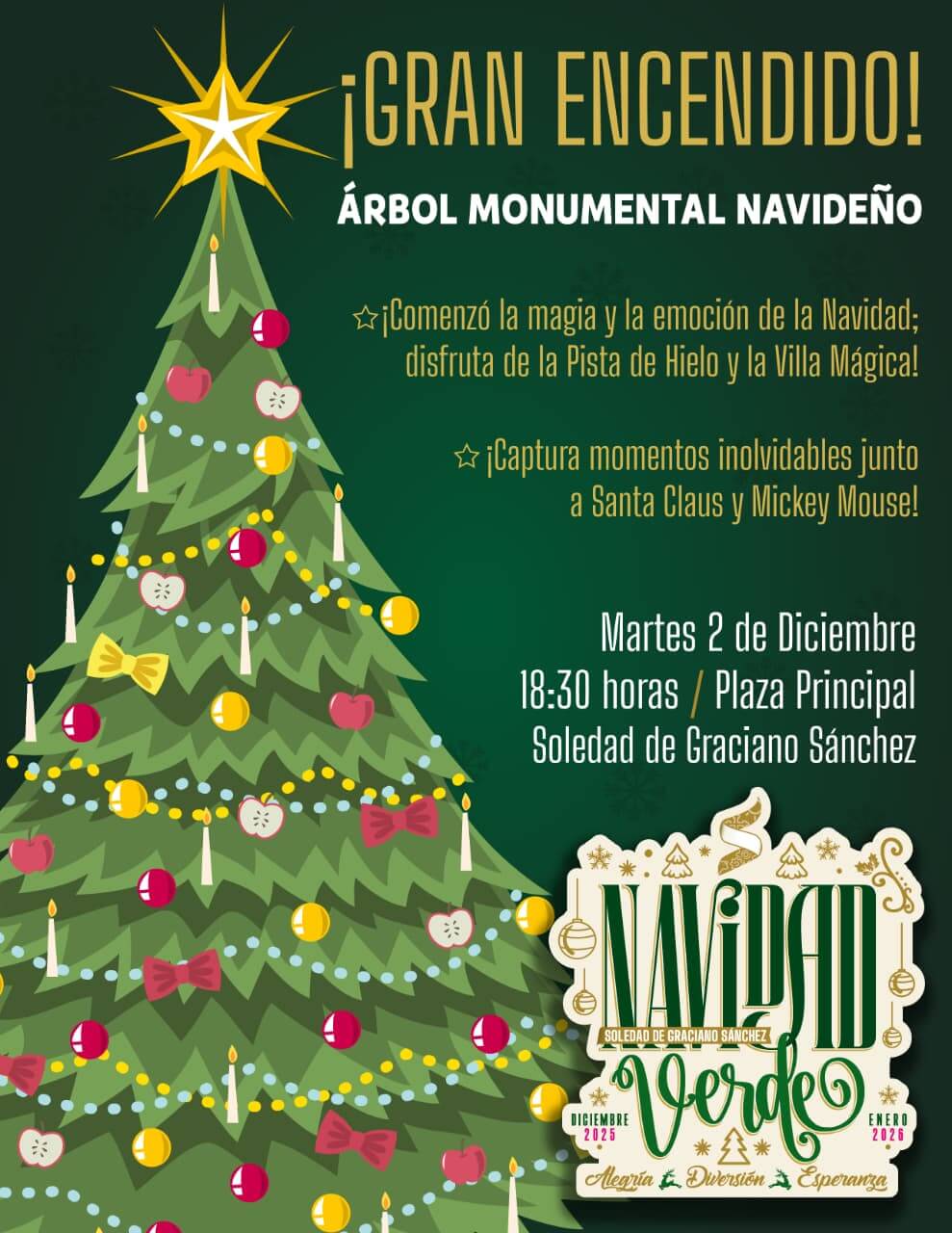 Mágico encendido del árbol navideño iluminará la plaza principal de Soledad