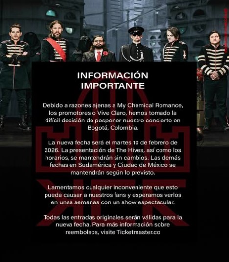 My Chemical Romance pospone concierto en Bogotá y anuncia nueva fecha