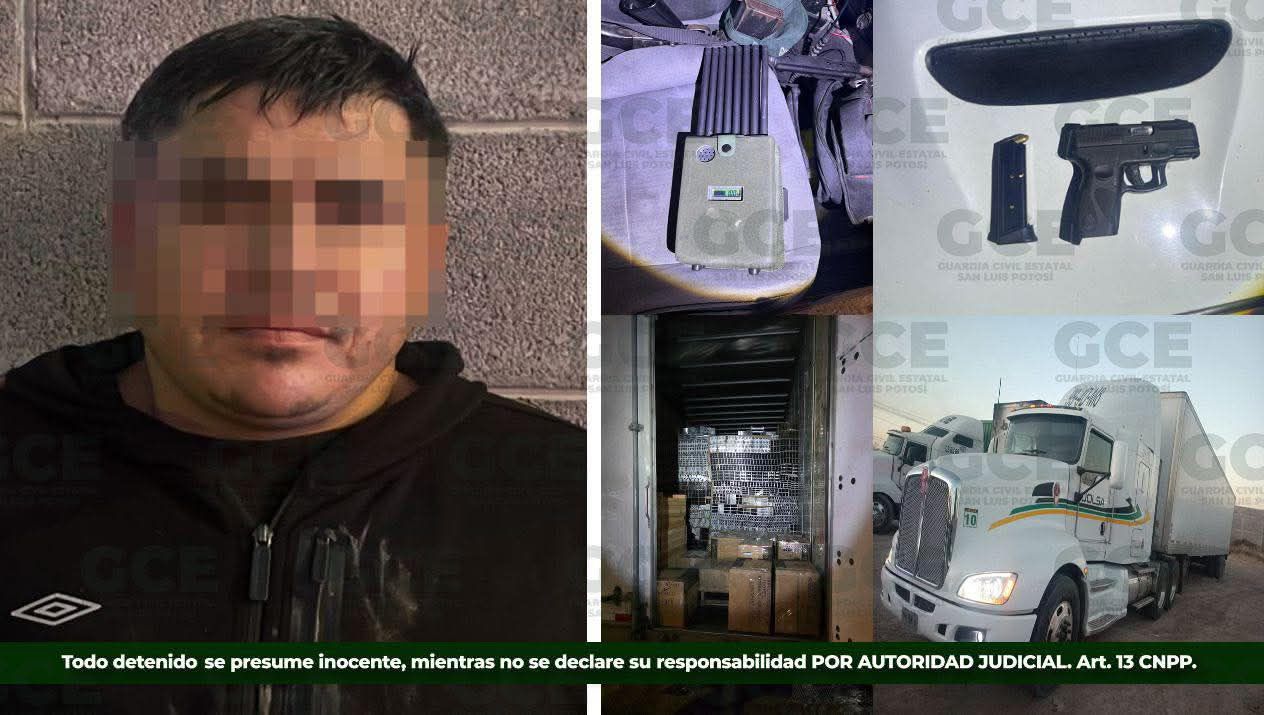División caminos de la GCE asegura caja seca robada; hay un presunto detenido con un arma de fuego e inhibidores de señal Un operativo efectuado en la colonia Molinos del Rey, al norte de la capital potosina, permitió que efectivos de la Guardia Civil Estatal División Caminos, localizaran una caja seca con reporte de robo acoplada a un tractocamion y un arma de fuego tipo escuadra calibre 9 milímetros, así como dos aparatos electrónicos conocidos como inhibidores de señal; hay un presunto detenido. En la zona, se detalla la ubicación de una caja seca marca Utility modelo 2014 color blanco, cargada con material variado de aluminio; un tractocamión Kenworth modelo 2009 color blanco y se detuvo a Óscar “N” de 36 años, quien cuenta con antecedentes por conducir vehículo con reporte de robo, posesión de objetos robados y por ingerir bebidas embriagantes en la vía pública. Los agentes de la División Caminos, también aseguraron un arma de fuego corta marca Taurus calibre 9 milímetros y dos inhibnidores de señal; la acción se llevó a cabo como parte de los operativos de vigilancia implementados para mantener el orden y la seguridad en las principales vías de comunicación de la zona metropolitana, previniendo incidentes que puedan poner en riesgo a la ciudadanía.