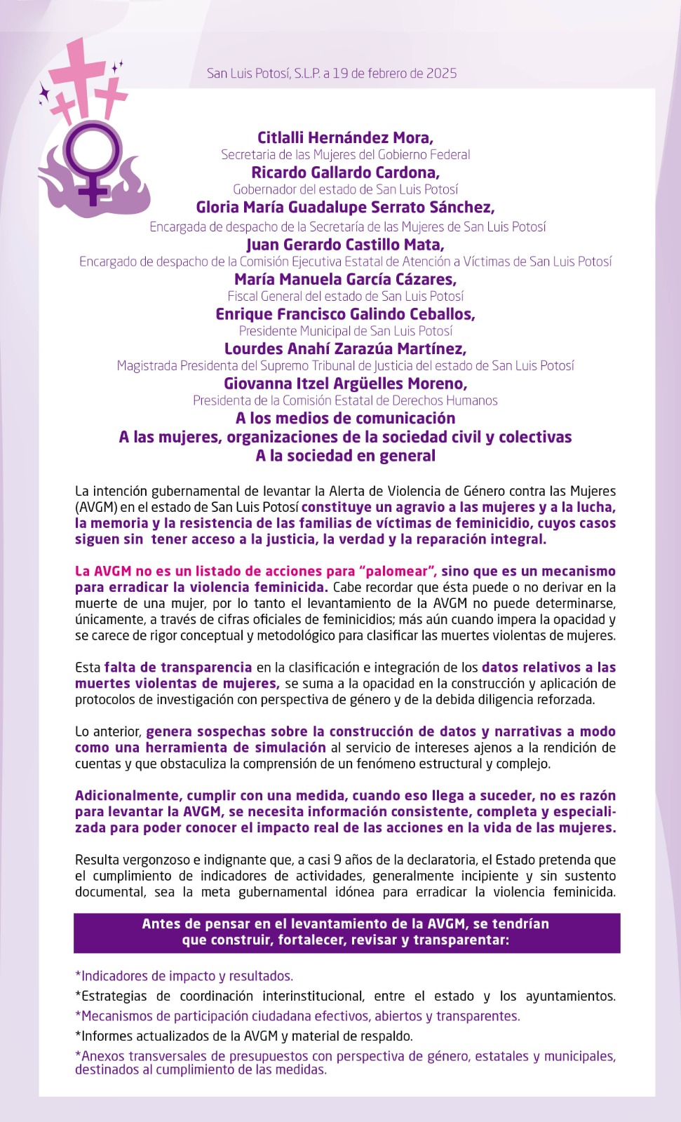 En el marco del 8M, colectivas piden que no se levante la Alerta de Violencia de Género en SLP