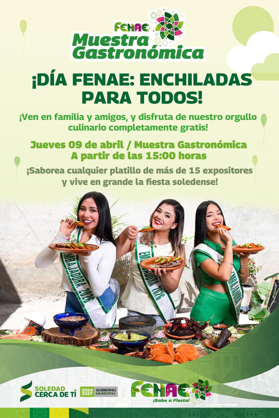 Este jueves, FENAE 2026 consentirá a sus visitantes con enchiladas y bebidas gratis - Se celebrará el Día FENAE con comida sin costo en la Muestra Gastronómica, a partir de las 3 de la tarde, de este jueves 09 de abril. Este jueves 09 de abril, la Feria Nacional de la Enchilada celebrará el tan esperado “Día FENAE”, una tradición muy especial en la que las y los visitantes podrán disfrutar del platillo identitario como son las enchiladas potosinas, completamente gratis, dentro de las instalaciones de la Muestra Gastronómica, donde podrán elegir la preparación de su preferencia y bebidas para todas las familias presentes. Por instrucciones del Alcalde, Juan Manuel Navarro Muñiz, la Feria pone como protagonista al tesoro culinario que hoy representa a San Luis Potosí en todo el mundo, y la ofrece sin costo a sus visitantes locales y foráneos como parte de la política de cercanía, entretenimiento integral y la promoción de la historia y la gastronomía local, además de impulsar la atracción de personas a que disfruten de todas las instalaciones, como los conciertos con entrada gratuita, juegos mecánicos, pabellones comercial y artesanal, en un ambiente de seguridad, vigilancia y calidez social. Como cada año, las y los expositores se suman a esta gran celebración con entusiasmo, ofreciendo sus mejores recetas para consentir a miles de asistentes, en un ambiente de orden, alegría y convivencia familiar, en la que todos y todas caben para ser parte de la máxima fiesta de la región centro, donde las personas se reencuentran y disfrutan de sano entretenimiento. El Gobierno Municipal invita a la ciudadanía y visitantes, a partir de las 3 de la tarde de este jueves 09 de abril, a ser parte de esta experiencia, que posiciona a la FENAE como un espacio de encuentro, sabor y orgullo soledense, donde la cercanía con la población se vive a través de cada actividad pensada para el disfrute de todas y todos.