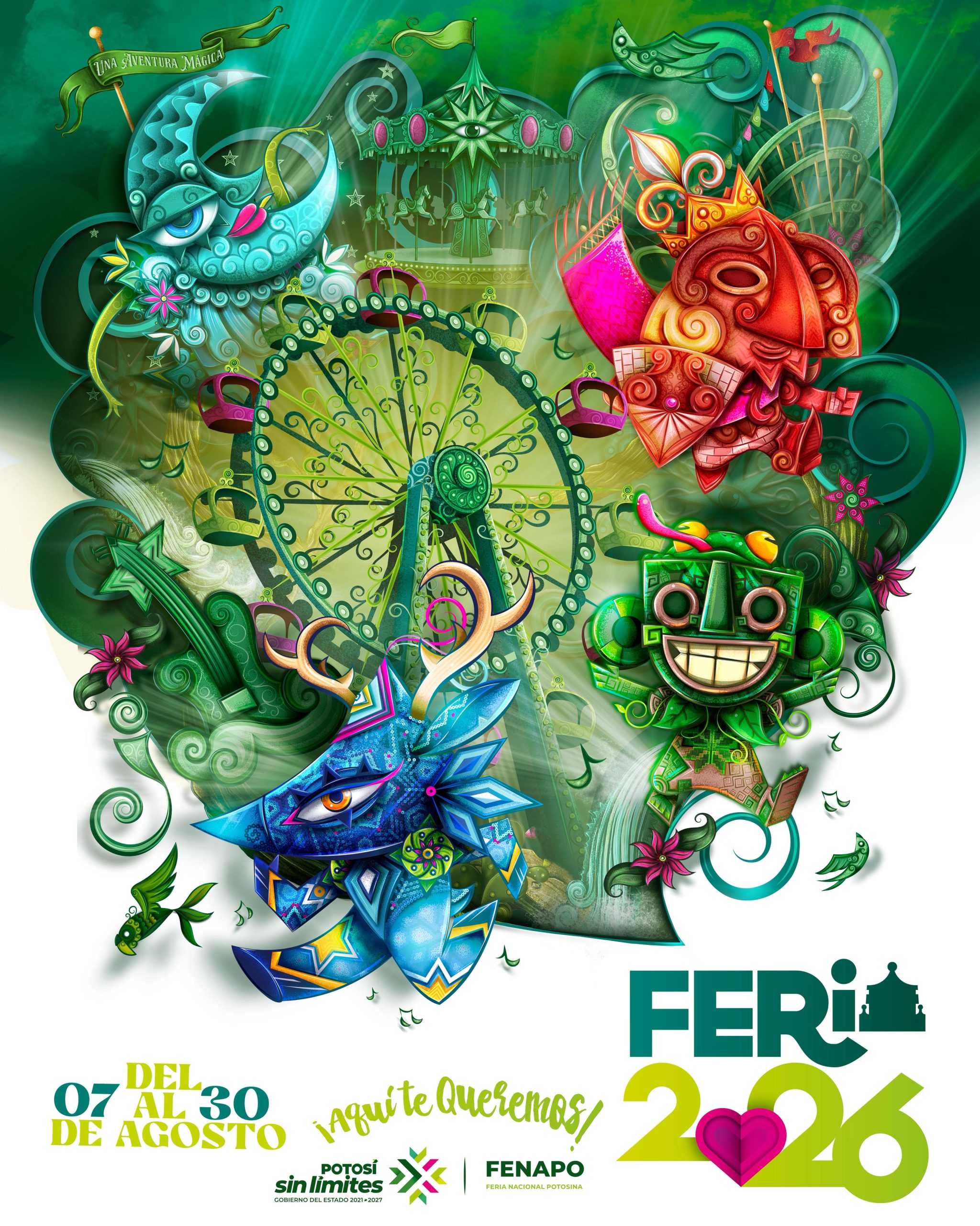 FENAPO 2026, UNA AVENTURA MÁGICA DE TALLA INTERNACIONAL • La Feria Nacional Potosina dio a conocer su imagen oficial y parte de la cartelera artística que reunirá espectáculos gratuitos, cultura y entretenimiento familiar del 7 al 30 de agosto. Como parte del impulso del Gobernador Ricardo Gallardo Cardona para fortalecer espacios de convivencia familiar y proyectar a San Luis Potosí a nivel nacional e internacional, la Feria Nacional Potosina (Fenapo) presentó la imagen oficial de su edición 2026 y parte de la cartelera artística que formará parte de una celebración inspirada en la riqueza cultural, natural y tradicional. El arranque de esta nueva edición tuvo lugar en el Laberinto de las Ciencias y las Artes, y fue encabezado por el Mandatario Estatal, en compañía de la senadora Ruth González Silva y el presidente del Patronato, Fernando Rojo Ocejo. La imagen de la Feria 2026 está inspirada en el cuento infantil “Una aventura mágica”, protagonizado por Citla y Tona, dos niños de la cultura huasteca que, junto a su amigo imaginario Dhipak, recorren las cuatro regiones a través de personajes y elementos emblemáticos de cada zona. Este concepto creativo refleja el orgullo por las raíces potosinas y acompaña el cambio que se vive y se siente al fortalecer la identidad cultural, acercar experiencias para toda la familia y consolidar espacios gratuitos de recreación. La edición 2026 también ofrecerá una cartelera de talla nacional e internacional con presentaciones en el Foro y el Palenque, donde destacan artistas como Katy Perry, Bizarrap, Yandel Sinfónico, Mötley Crüe, Gloria Trevi, Kenia OS, Lila Downs, Julión Álvarez, Edén Muñoz, Grupo Firme, Emmanuel y Mijares, entre otros exponentes de distintos géneros musicales. Con entretenimiento, cultura, gastronomía, artesanías y espectáculos para todos los públicos, la Feria avanza sin límites como la mejor de México y un referente de convivencia para miles de familias.