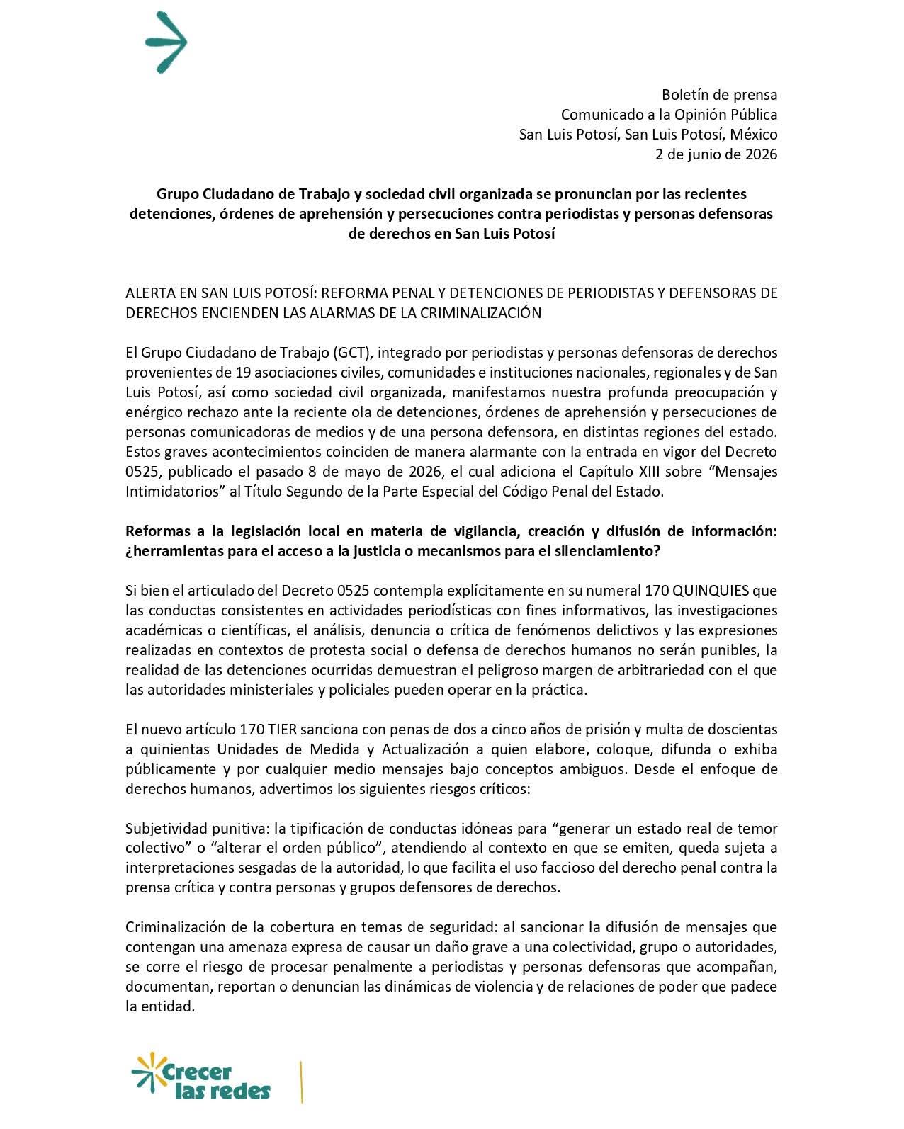 Grupo ciudadanos y organizaciones denuncian riesgo para la libertad de expresión en SLP