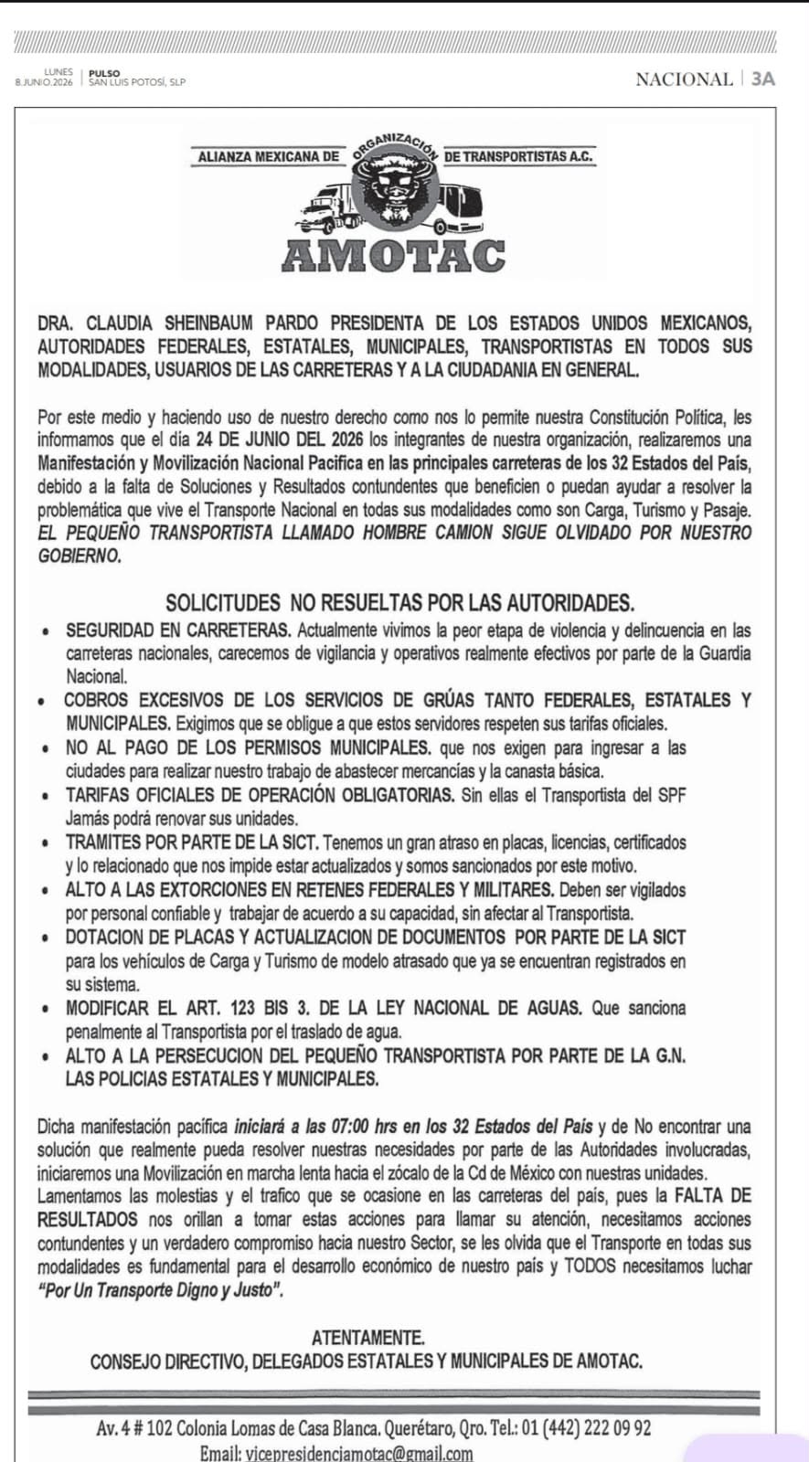 AMOTAC toma la Carretera 57: “No somos delincuentes, llevamos agua a quien más la necesita”