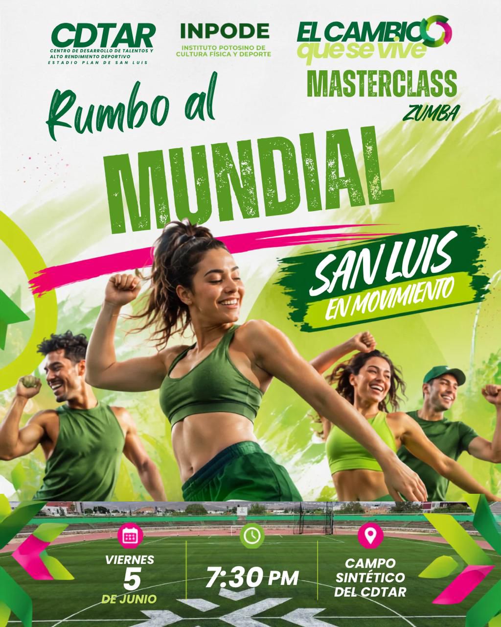 SAN LUIS SE ACTIVA CON MASTER CLASS GRATUITA DE ZUMBA • El 5 de junio, familias potosinas podrán disfrutar de una jornada de activación física en el Centro de Desarrollo de Talentos y Alto Rendimiento Deportivo Plan de San Luis. Gracias al apoyo del Gobernador Ricardo Gallardo Cardona para acercar más espacios de bienestar, recreación y deporte a las familias potosinas, el Instituto Potosino de Cultura Física y Deporte (Inpode) invita a participar en la Master Class de Zumba “Rumbo al Mundial, San Luis en Movimiento”, que se realizará el 5 de junio del 2026 a las 19:30 horas en el campo sintético del Centro de Desarrollo de Talentos y Alto Rendimiento Deportivo (CDTAR) Plan de San Luis. La actividad gratuita forma parte de las acciones que promueven hábitos saludables mediante opciones accesibles para personas de todas las edades. Instructoras e instructores especializados encabezarán una sesión dinámica con música y ejercicio que fomentará la convivencia familiar y el disfrute de entornos adecuados para la práctica deportiva, con un impulso sin límites para fortalecer la activación física en la entidad. La cercanía de la máxima fiesta del fútbol mundial brinda un ambiente especial para esta jornada, que invita a la población a mantenerse activa y participar en actividades recreativas. Esta iniciativa consolida el cambio que se vive y se siente al ampliar las oportunidades para que más personas incorporen el deporte y el movimiento a su vida diaria.