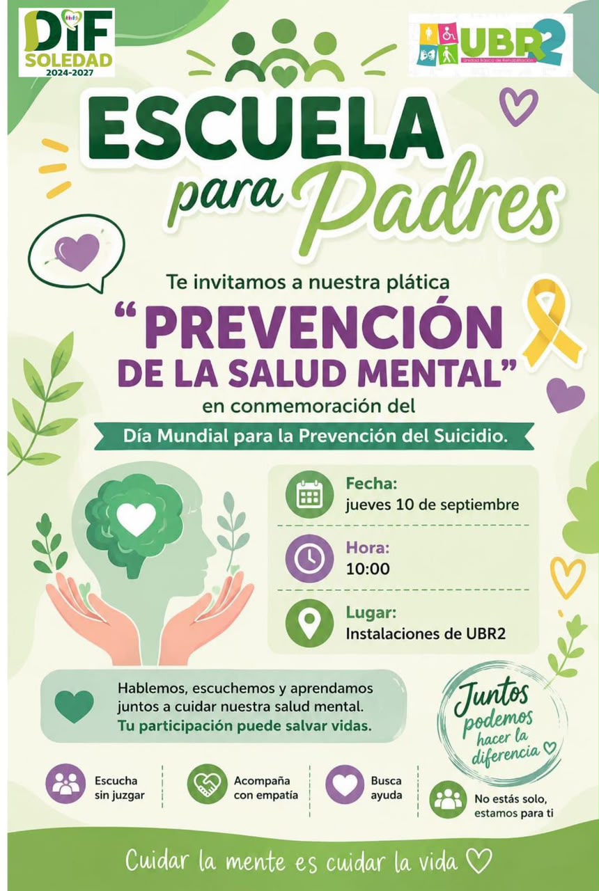 UNA CONVERSACIÓN A TIEMPO PUEDE HACER LA DIFERENCIA; SOLEDAD REFUERZA ACCIONES PARA PREVENIR EL SUICIDIO • En el marco del Día Mundial para la Prevención del Suicidio, el DIF Soledad acercará orientación, espacios de escucha y herramientas para identificar señales de alerta. Hablar, escuchar y acompañar puede salvar una vida; con esta premisa, el Sistema Municipal para el Desarrollo Integral de la Familia (DIF) de Soledad de Graciano Sánchez prepara una jornada de actividades para este 9 y 10 de septiembre, en el marco del Día Mundial para la Prevención del Suicidio, con pláticas dirigidas a familias y usuarios de sus centros comunitarios, por encomienda del Alcalde Juan Manuel Navarro Muñiz, quien ha marcado como prioridad mantener un gobierno cercano que escuche y atienda. Las actividades comenzaron este miércoles con la charla “Escuchar para prevenir: una mirada desde el trabajo social ante el suicidio”, en el Centro Comunitario Rivas Guillén, y otra plática de prevención del suicidio en el CAF San Luis 1; el jueves 10, las acciones continuarán con “Prevención de la Salud Mental”, a las 10:00 horas en UBR 2, dentro de Escuela para Padres, además de una charla sobre prevención del suicidio en el Centro Comunitario 21 de Marzo. La ayuda también está disponible más allá de esta jornada; el DIF Municipal cuenta con atención psicológica permanente en siete de sus espacios, entre ellos UBR 1 y 2, los centros comunitarios Santo Tomás, Praderas del Maurel, Rivas Guillén Sur y Primera de Mayo, así como las instalaciones del DIF Municipal, con diferentes días y horarios para que acercarse a pedir orientación sea más sencillo y accesible para las familias. El 10 de septiembre el área de Bienestar familiar del DIF, dedicará un espacio para hablar desde lo personal, como el “Muro de la Escucha” que permitirá dejar mensajes de motivación, palabras de apoyo o expresar cómo se sienten las y los usuarios; además acercará información sobre prevención mediante tarjetas, acompañadas de videos y cortometrajes alusivos al tema. La intención es clara, que nadie sienta que tiene que atravesar un momento difícil en soledad y que pedir ayuda encuentre siempre una respuesta cercana; así, el cambio que transforma también se refleja en un gobierno que escucha, acompaña y acerca servicios de bienestar a las personas que más los necesitan.