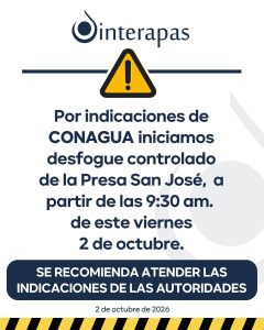 Inicia este viernes desfogue controlado de la presa San José